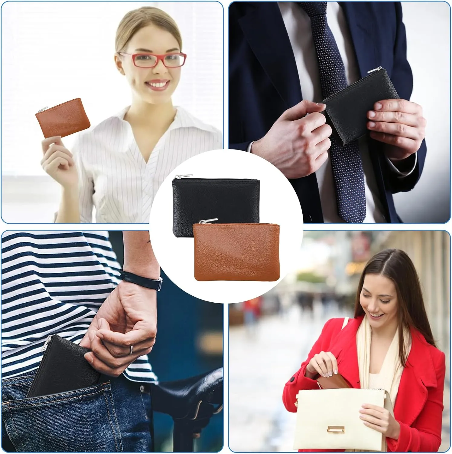 2 Pack Leather Zipper Coin Purse, Portable PU Leather Coin Purse,Mini Coin Pocket Pouch Change Holder, Coin Pouch with Zipper for Men Women Headset Credit Card ID Key Lipstick (Black&Brown)