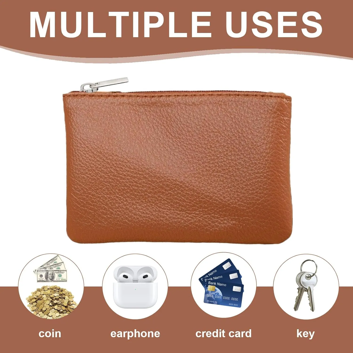 2 Pack Leather Zipper Coin Purse, Portable PU Leather Coin Purse,Mini Coin Pocket Pouch Change Holder, Coin Pouch with Zipper for Men Women Headset Credit Card ID Key Lipstick (Black&Brown)
