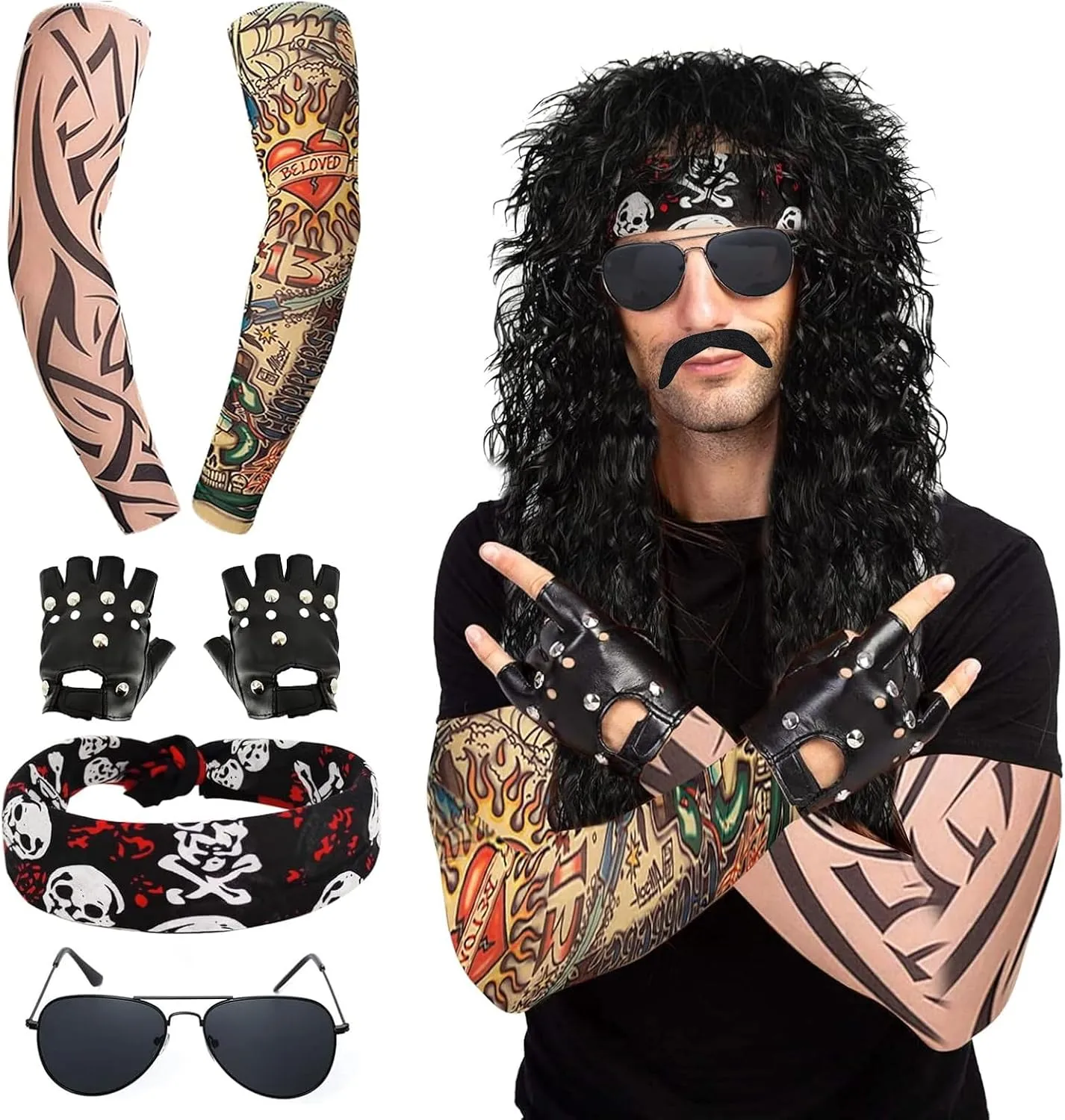 7 Pcs Rocker Costume Men's Wigs Black Curls Disco Costume Men's Party Costume Men with Wigs Sunglasses Beards Sleeves Gloves Headscarves for 70s 80s 90s, Medium