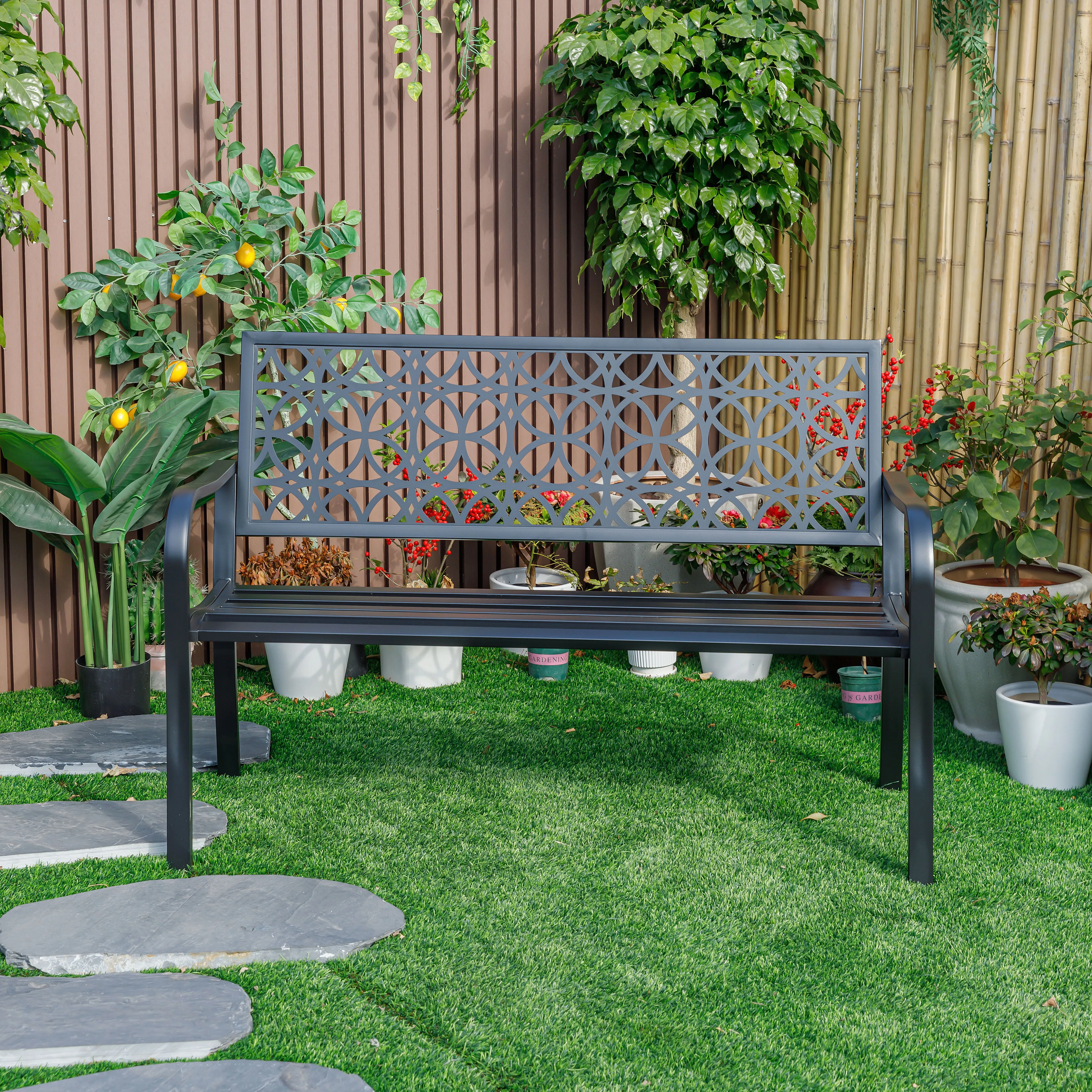 78660-B-BK -  Classic Noir- Black All-Steel Garden Bench for Timeless Appeal