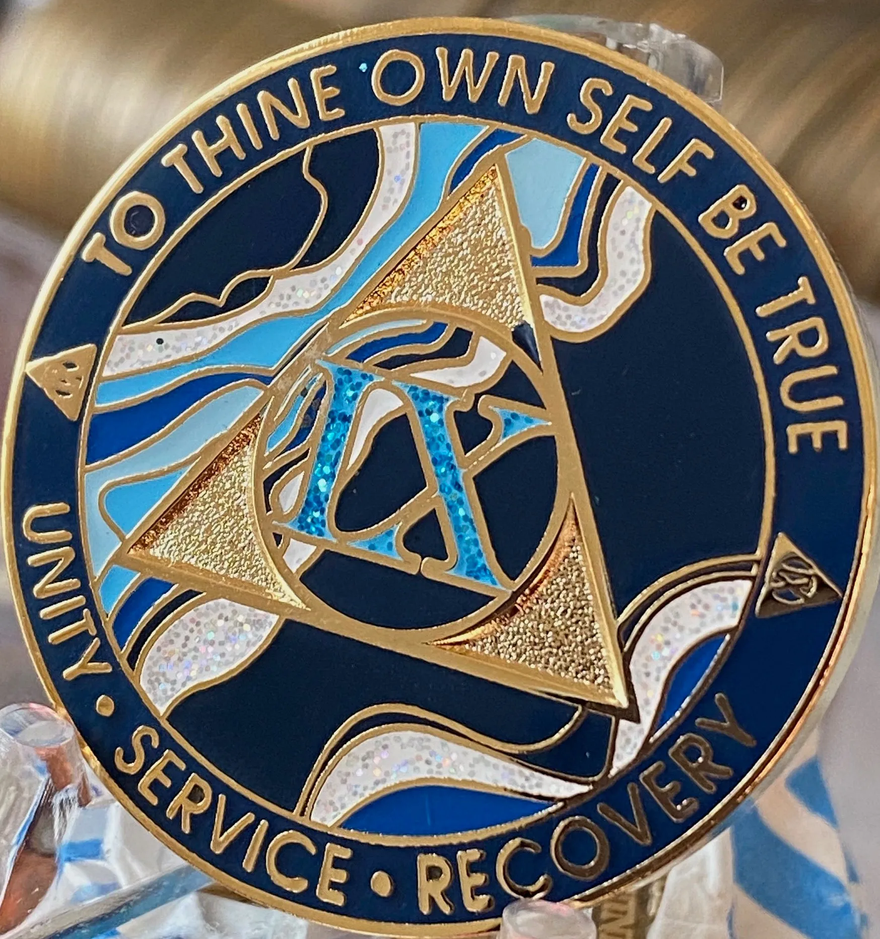 9 Year AA Medallion Elegant Navy Blue Marble Gold Sobriety Chip