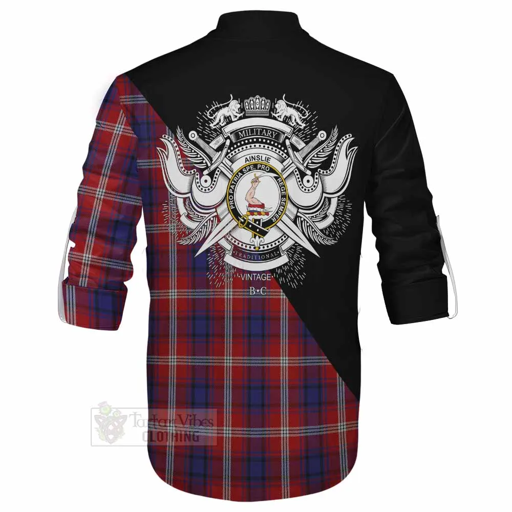Ainslie Tartan Ghillie Kilt Shirt with Family Crest and Military Logo Style