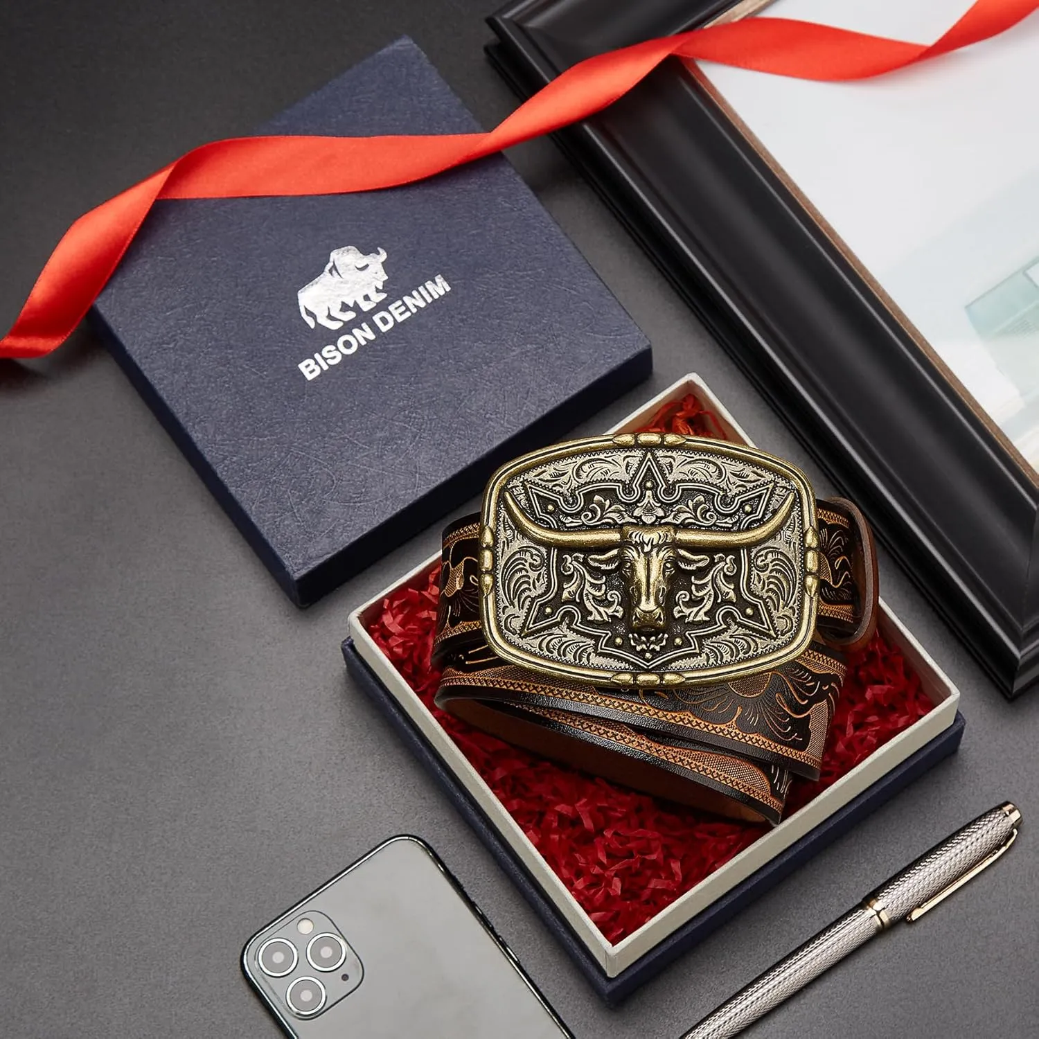 BISON DENIM Men's Western Cowboy Belt with Big Printed Engraved Buckle Strap Adjustable