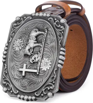 BISON DENIM Men's Western Cowboy Belt with Big Printed Engraved Buckle Strap Adjustable