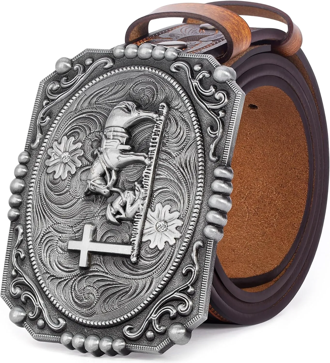BISON DENIM Men's Western Cowboy Belt with Big Printed Engraved Buckle Strap Adjustable