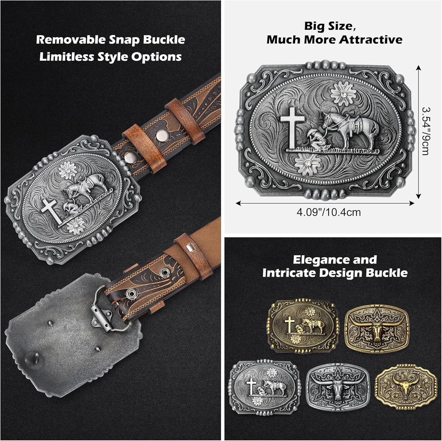 BISON DENIM Men's Western Cowboy Belt with Big Printed Engraved Buckle Strap Adjustable