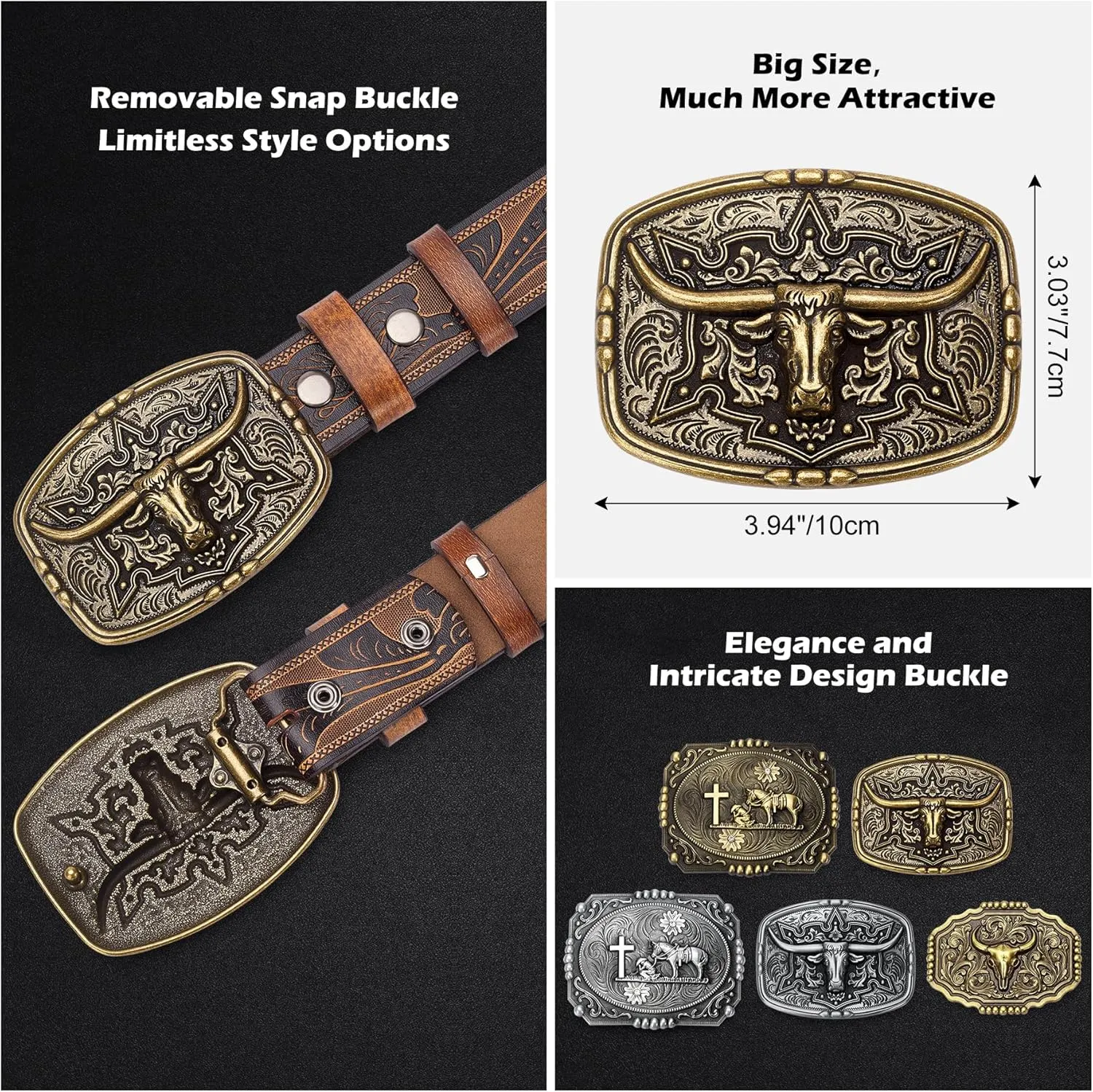 BISON DENIM Men's Western Cowboy Belt with Big Printed Engraved Buckle Strap Adjustable