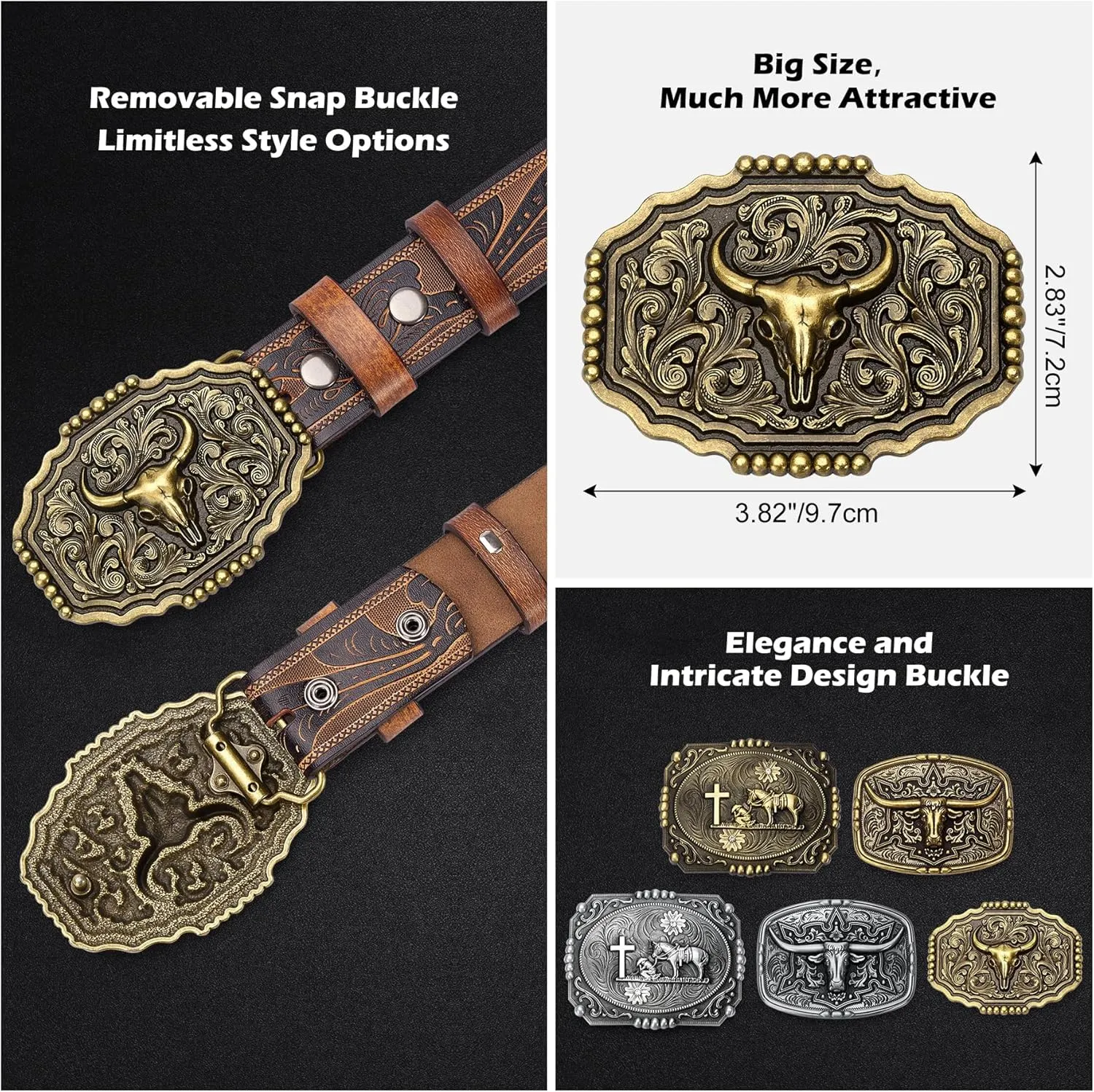 BISON DENIM Men's Western Cowboy Belt with Big Printed Engraved Buckle Strap Adjustable