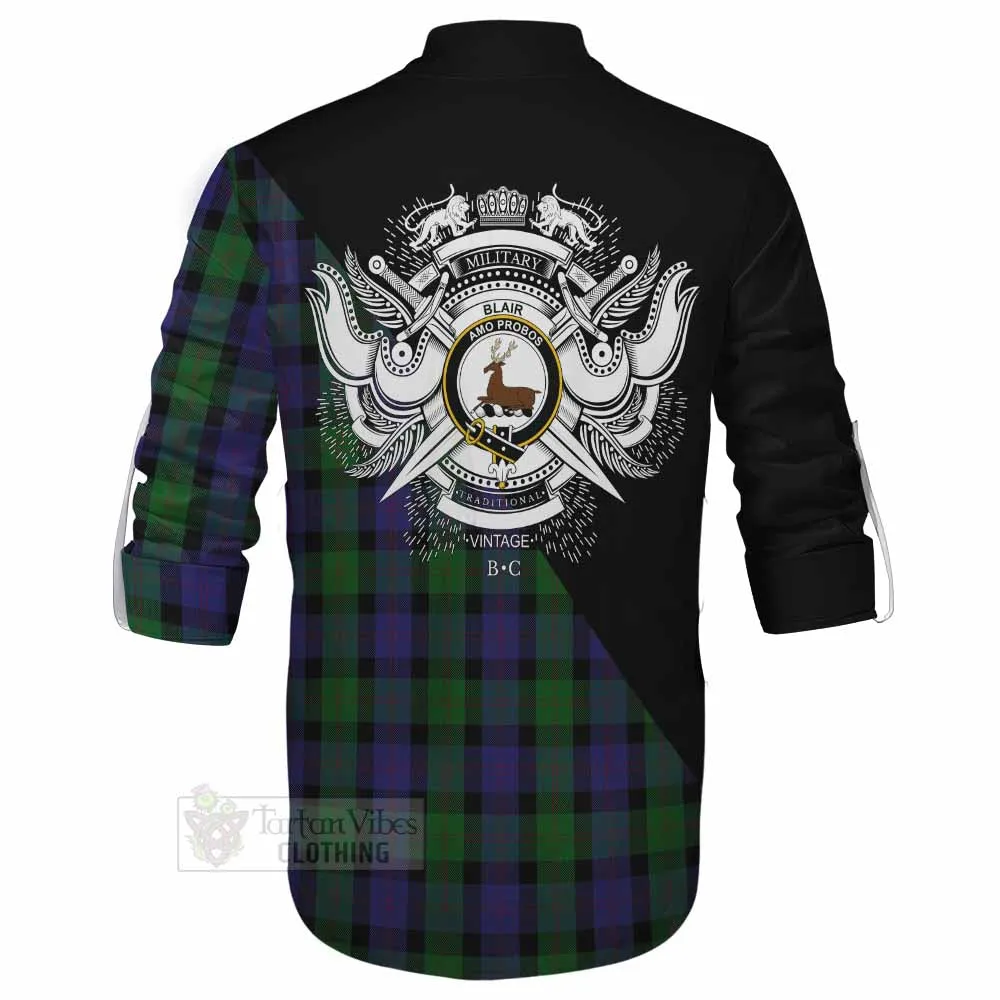 Blair Tartan Ghillie Kilt Shirt with Family Crest and Military Logo Style