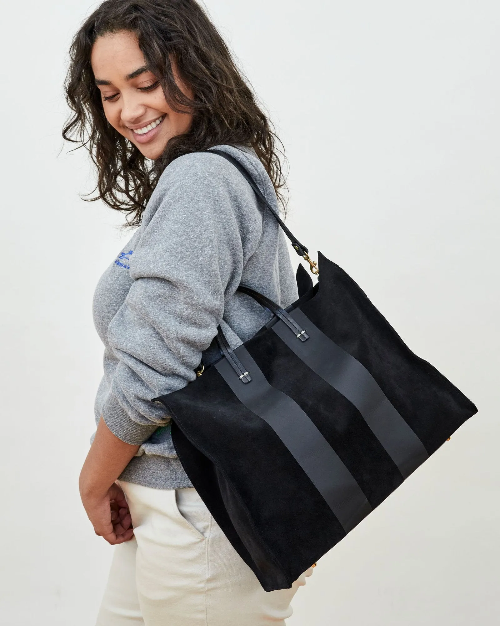Clare V. - Simple Tote in Black Suede w/ Matte Black Racing Stripes
