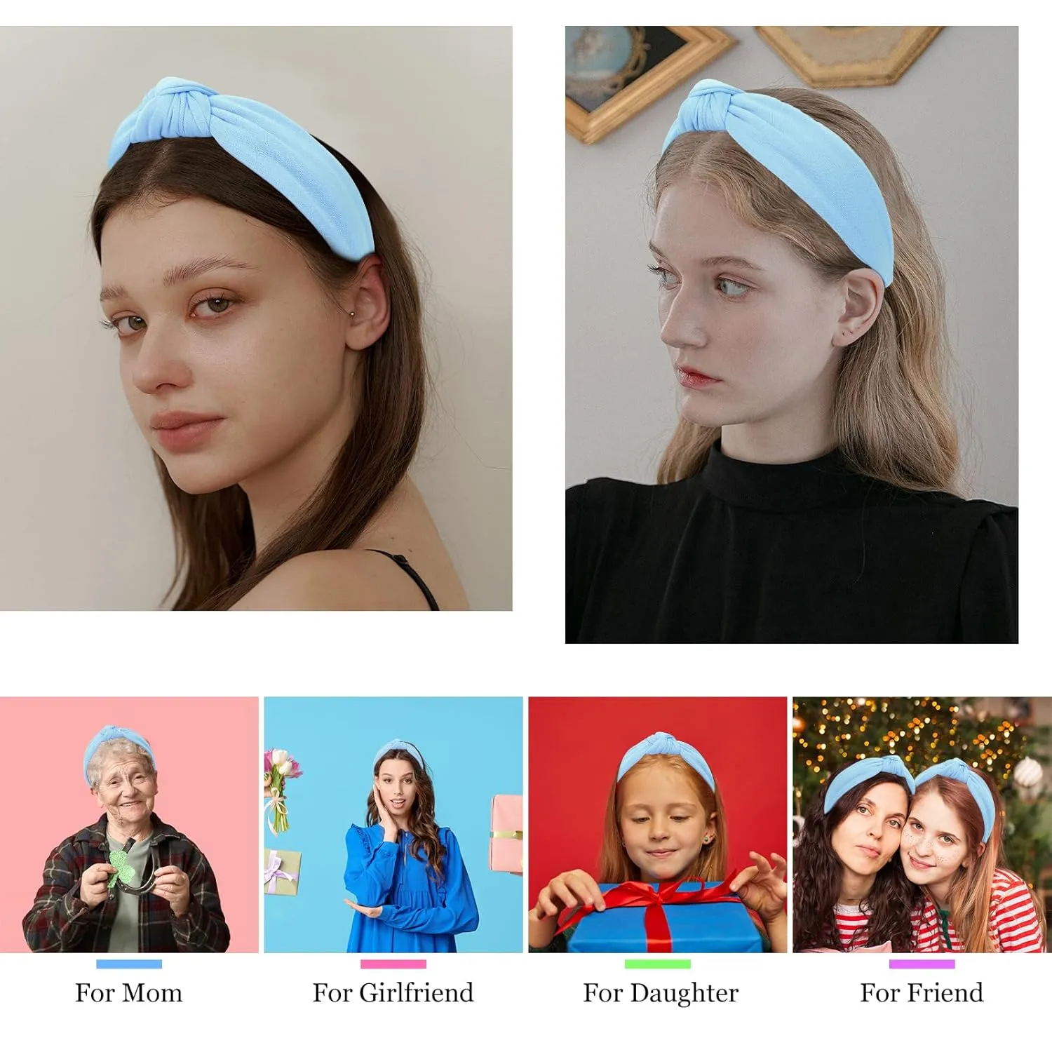 CURASA Headbands for Women Girls Non Slip Knotted Headband Wide Preppy Fashion Hairband Blue Top Knot Decorative Hair Accessories Sky Blue Fabric Hair Bands Yoga Elastic Head Bands For Thick Thin