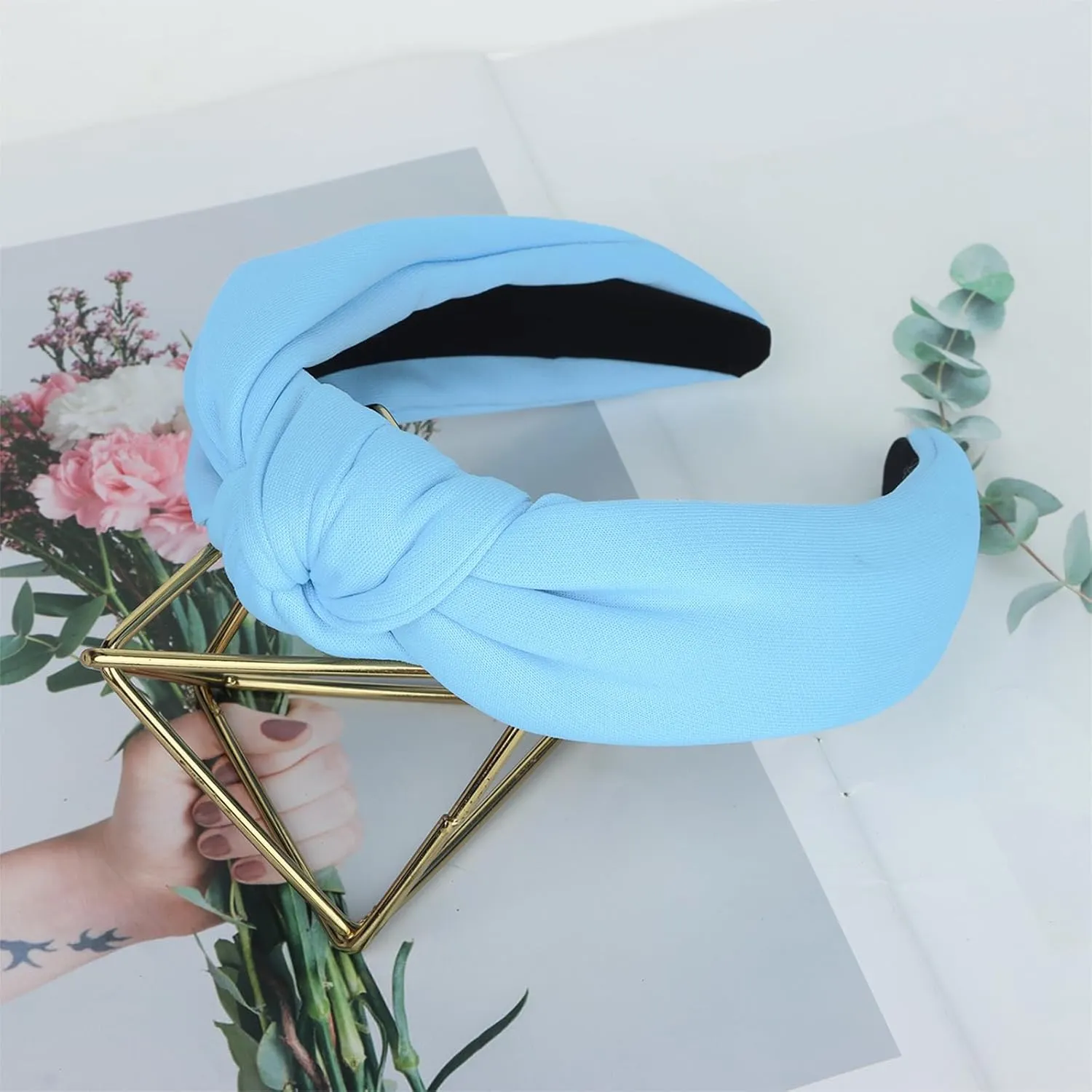 CURASA Headbands for Women Girls Non Slip Knotted Headband Wide Preppy Fashion Hairband Blue Top Knot Decorative Hair Accessories Sky Blue Fabric Hair Bands Yoga Elastic Head Bands For Thick Thin