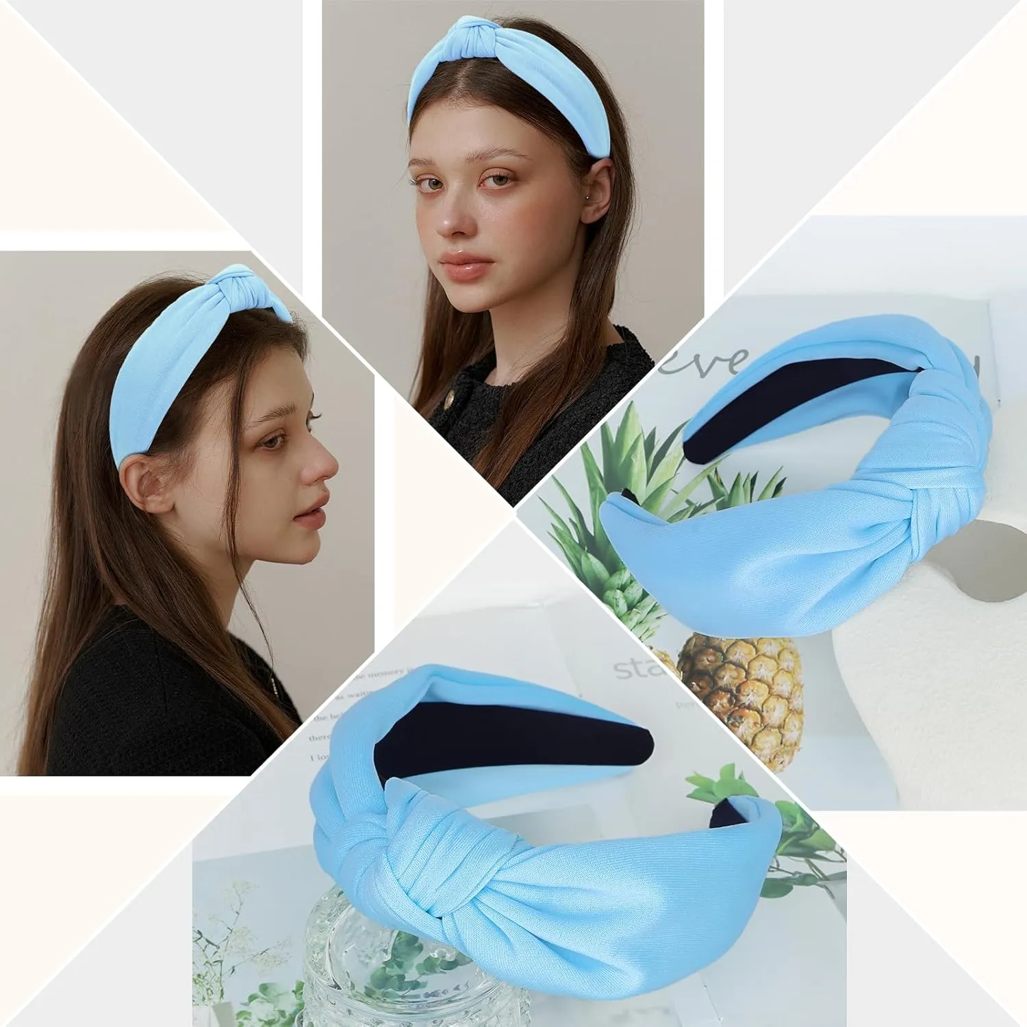 CURASA Headbands for Women Girls Non Slip Knotted Headband Wide Preppy Fashion Hairband Blue Top Knot Decorative Hair Accessories Sky Blue Fabric Hair Bands Yoga Elastic Head Bands For Thick Thin