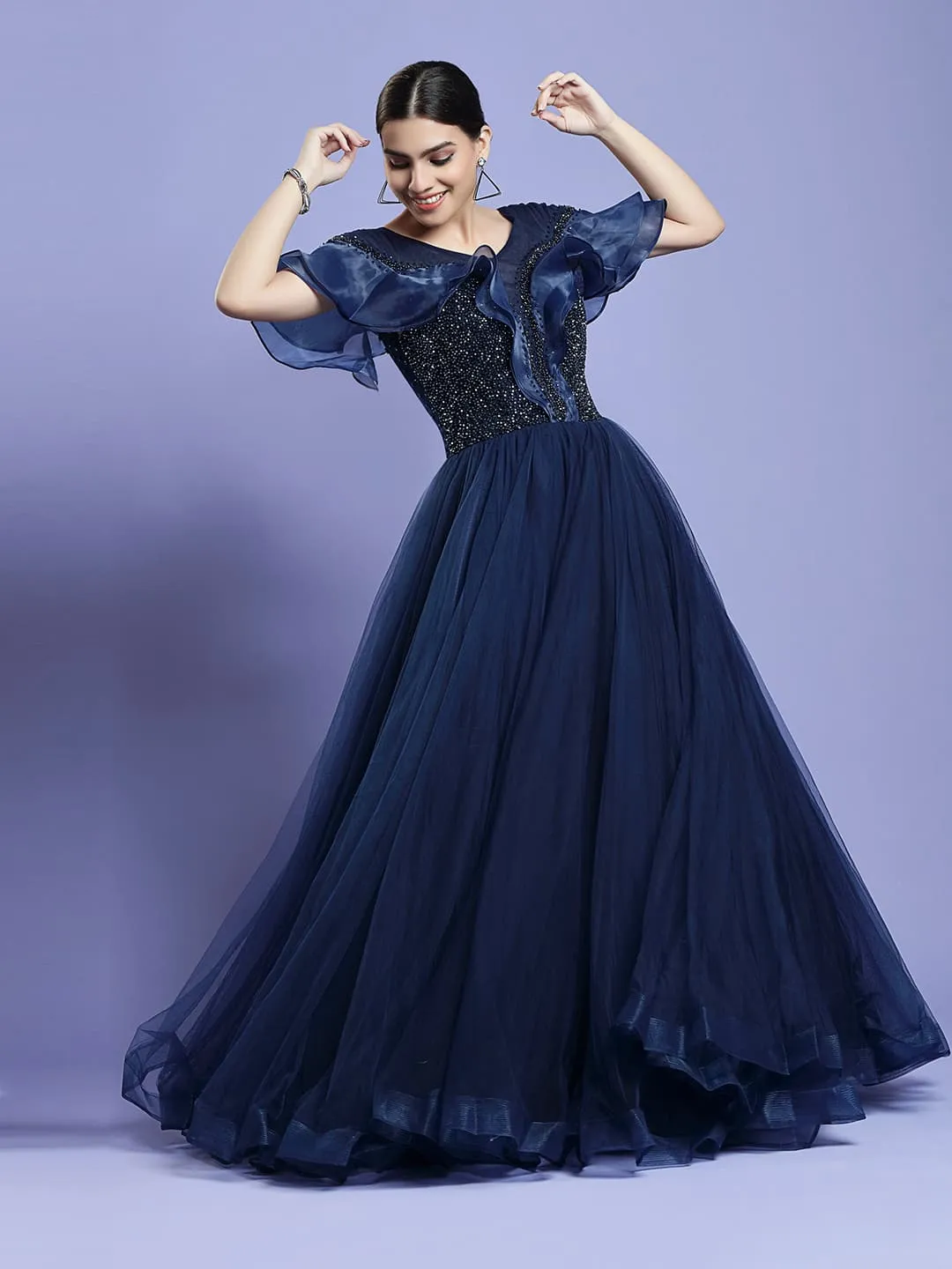 Elegant Navy Blue Net Ball Gown