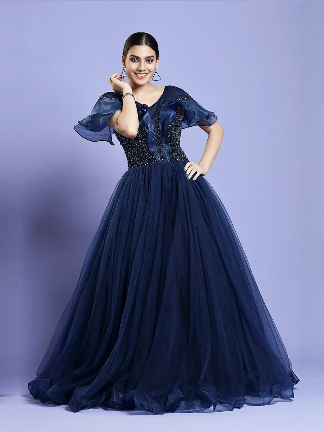 Elegant Navy Blue Net Ball Gown