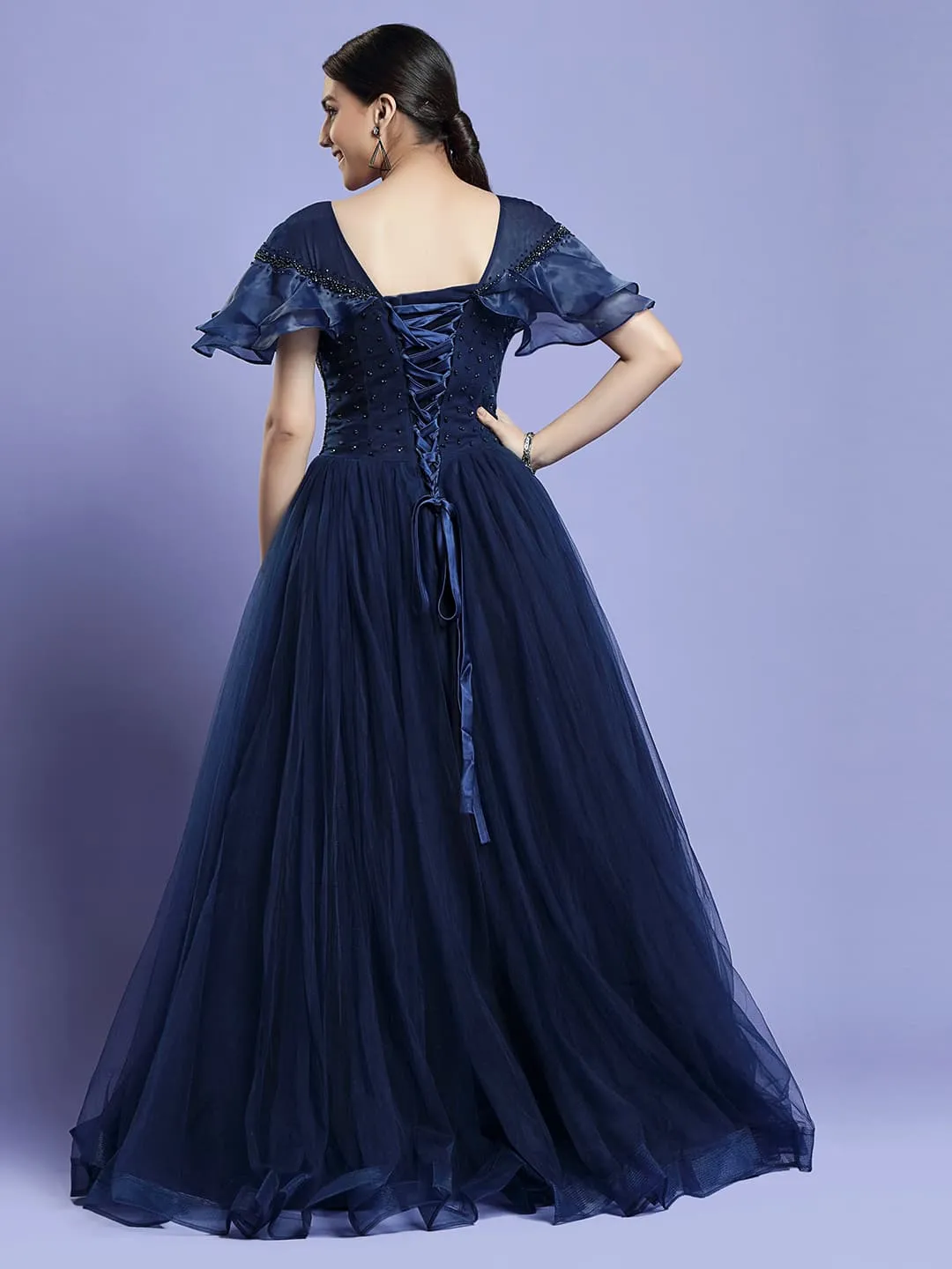 Elegant Navy Blue Net Ball Gown