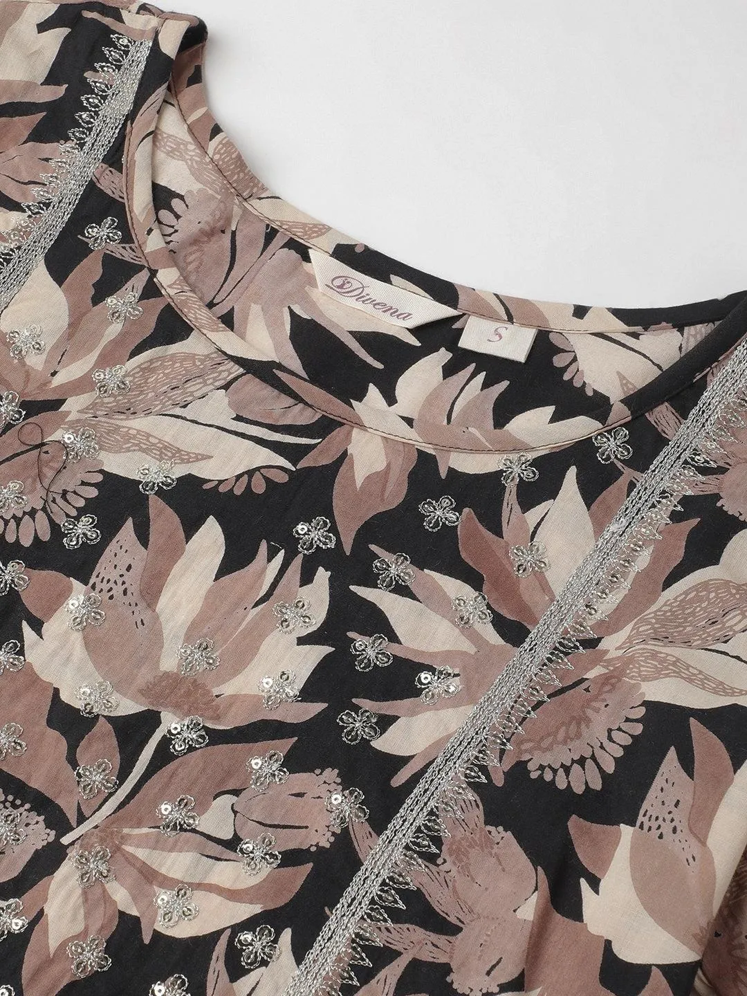 Jashvi Black Cotton Floral Straight Kurta