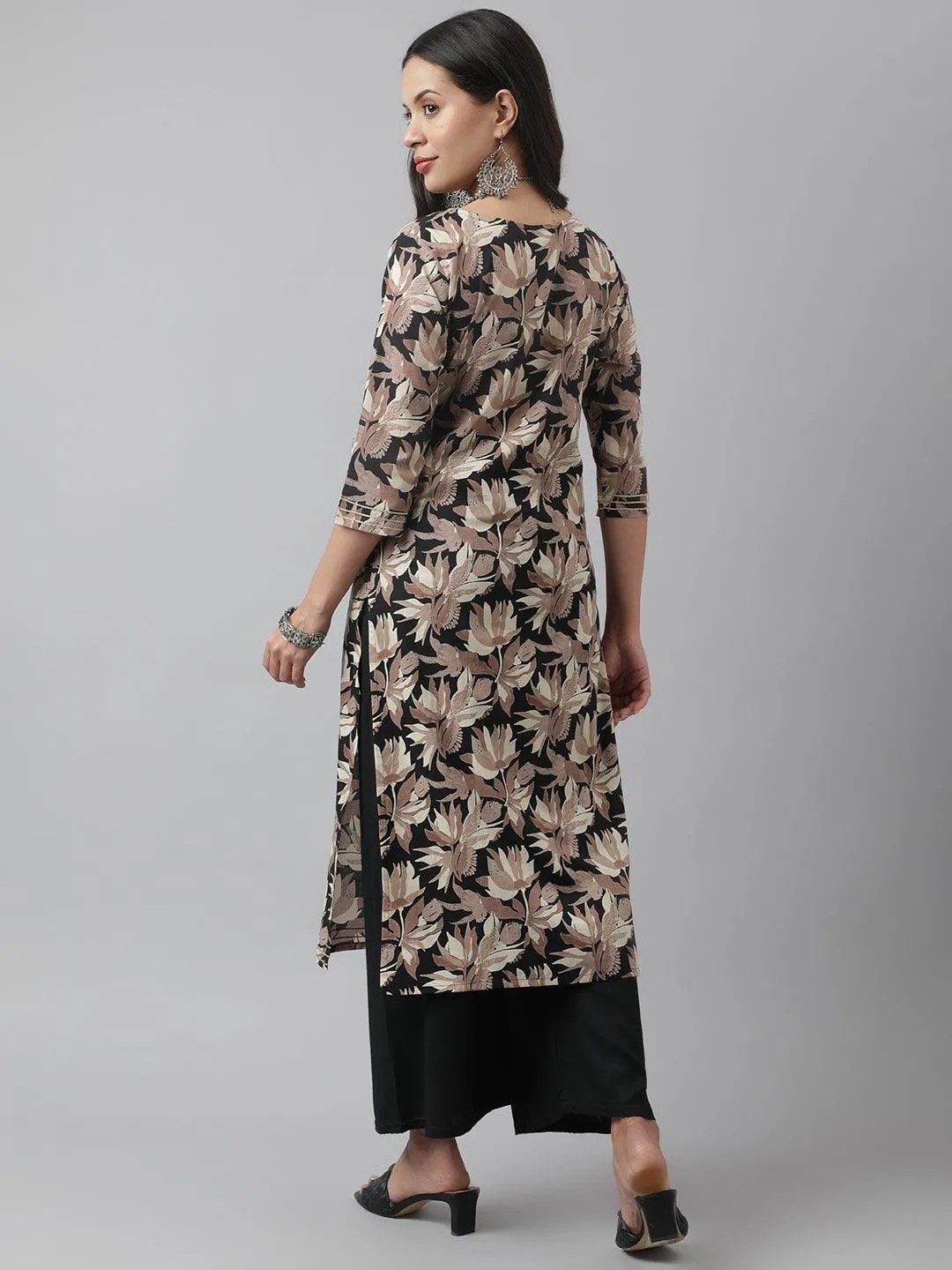 Jashvi Black Cotton Floral Straight Kurta