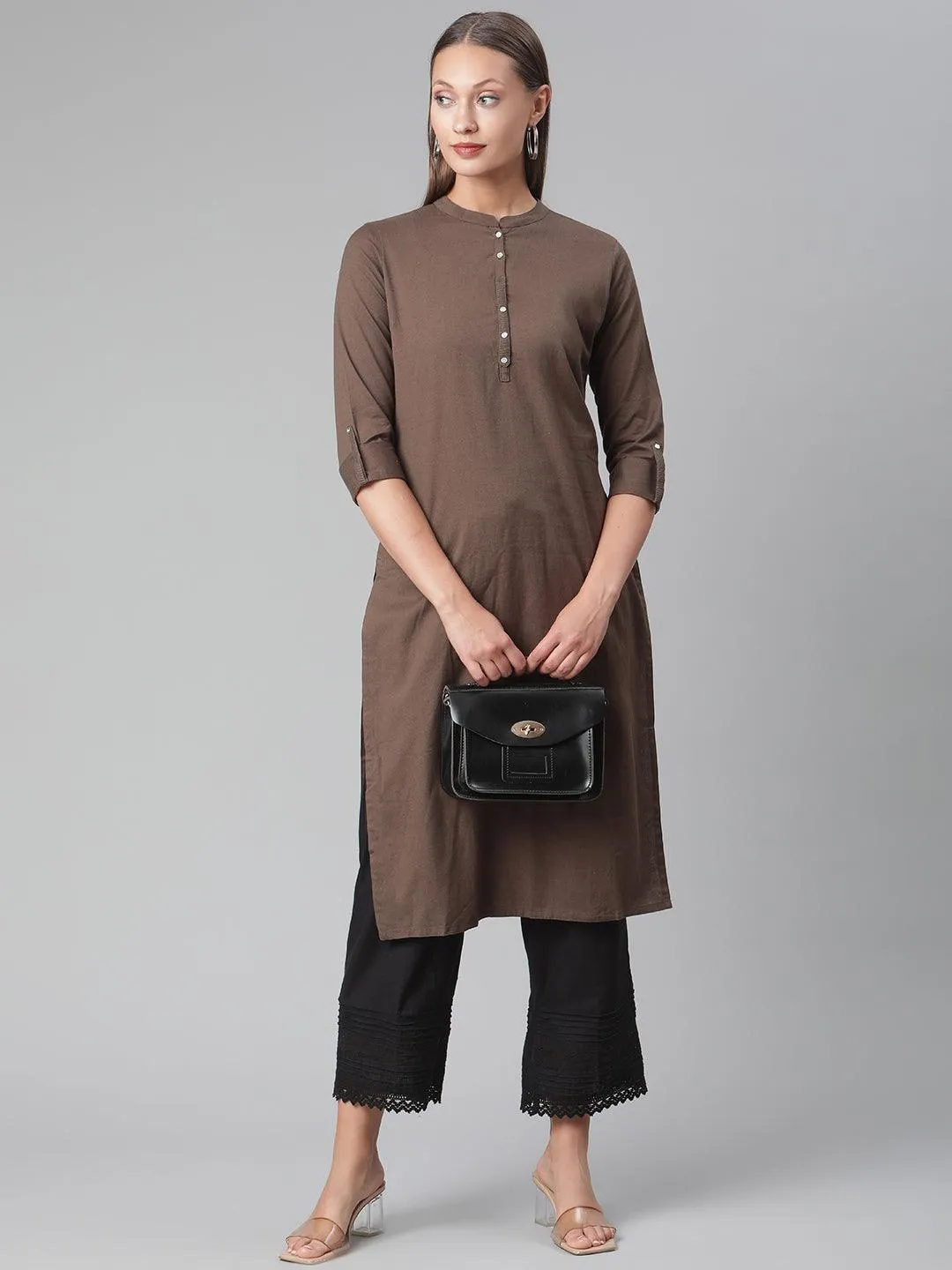 Jashvi Brown Cotton Straight Kurti