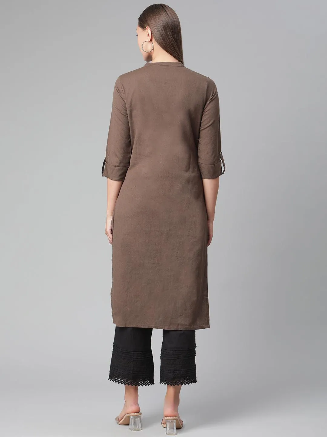 Jashvi Brown Cotton Straight Kurti