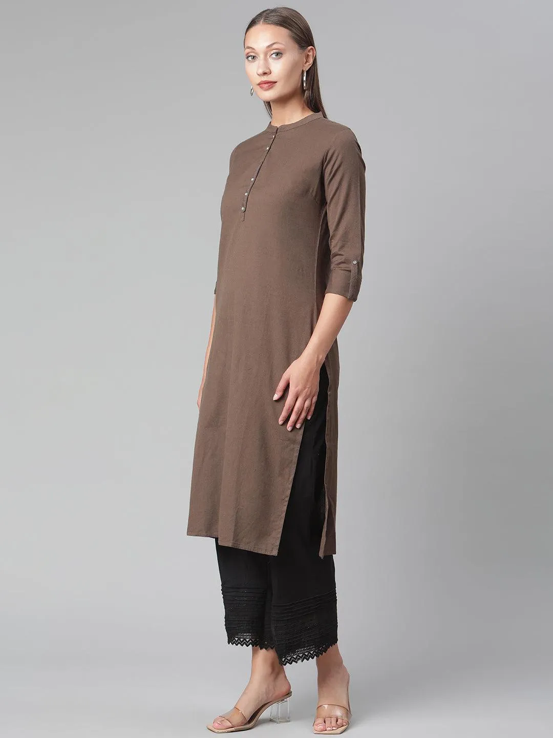 Jashvi Brown Cotton Straight Kurti