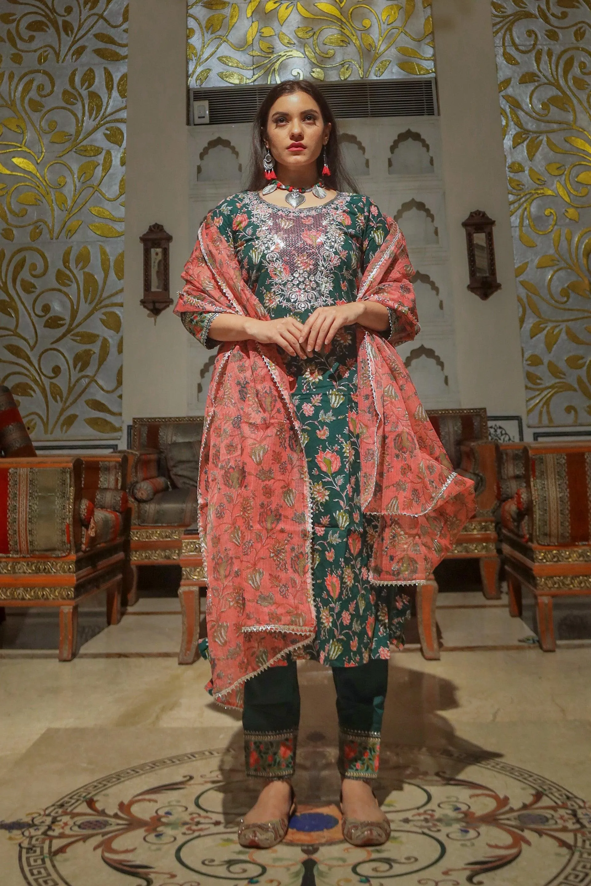 Jashvi Green Floral Printed Kurta Pant Set with Dupatta