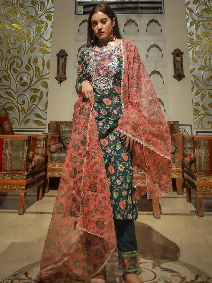 Jashvi Green Floral Printed Kurta Pant Set with Dupatta