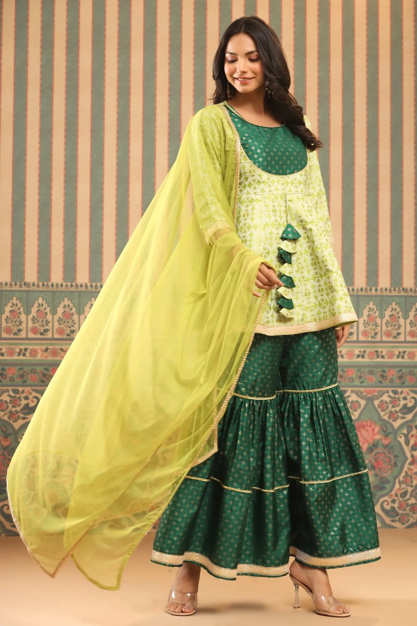 Jashvi Green Geometric Printed Shantoon Slub Kurta Sharara & Dupatta Set With Lace Work