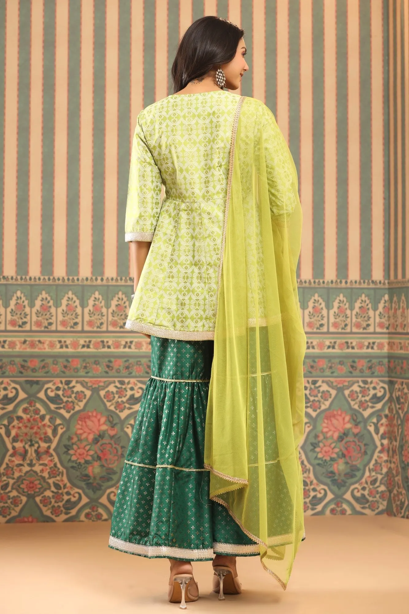 Jashvi Green Geometric Printed Shantoon Slub Kurta Sharara & Dupatta Set With Lace Work