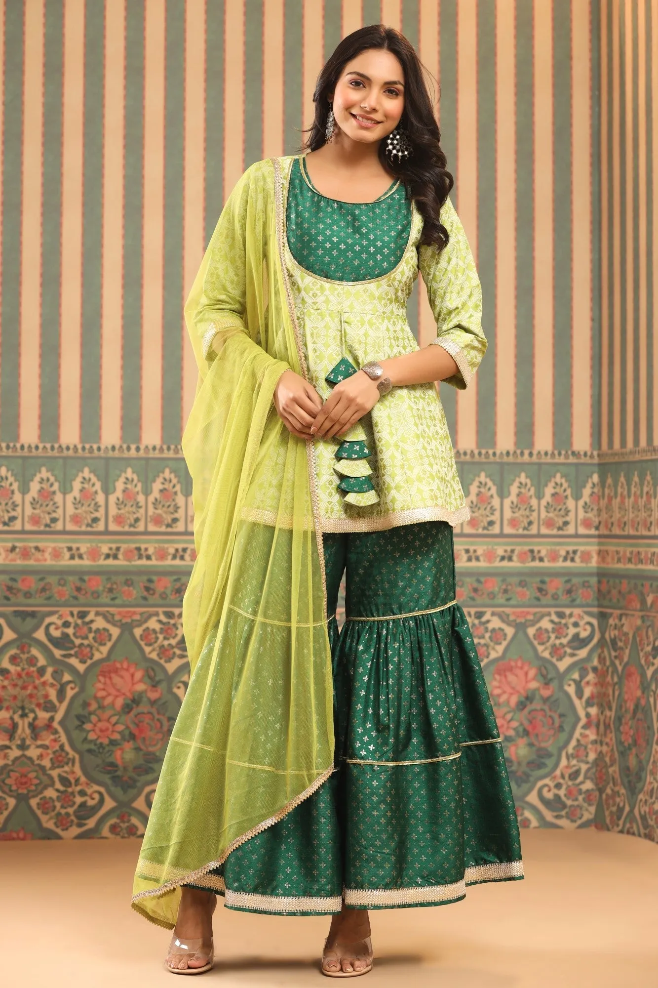Jashvi Green Geometric Printed Shantoon Slub Kurta Sharara & Dupatta Set With Lace Work
