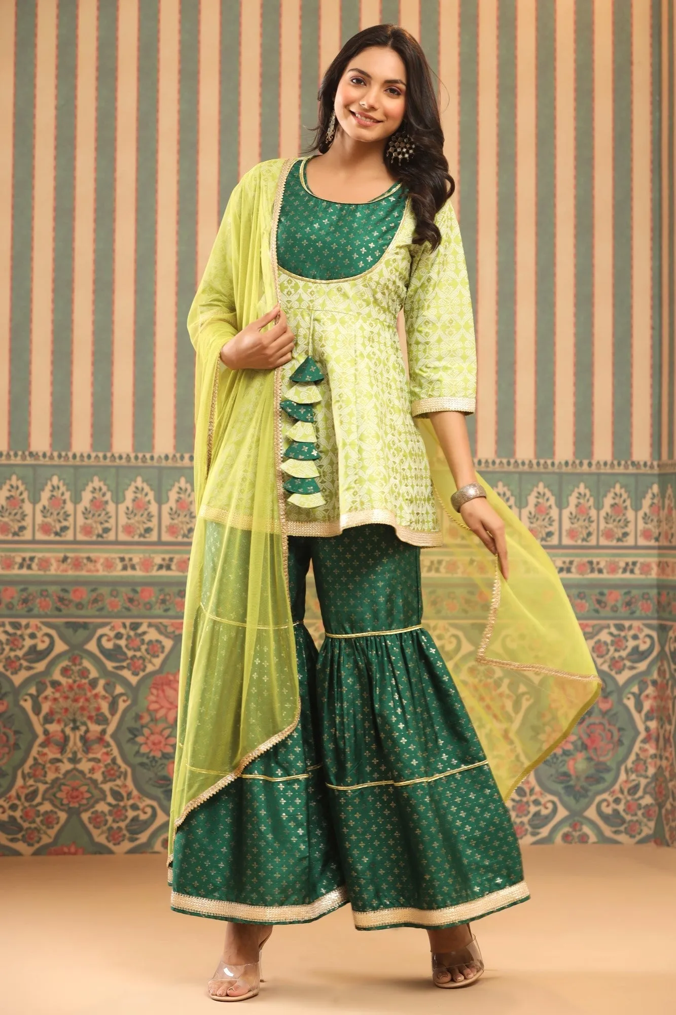Jashvi Green Geometric Printed Shantoon Slub Kurta Sharara & Dupatta Set With Lace Work