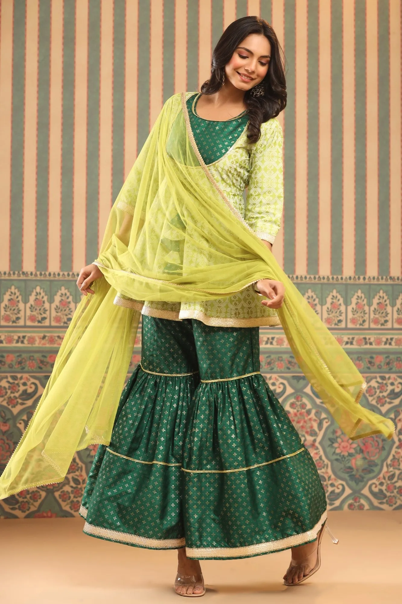 Jashvi Green Geometric Printed Shantoon Slub Kurta Sharara & Dupatta Set With Lace Work