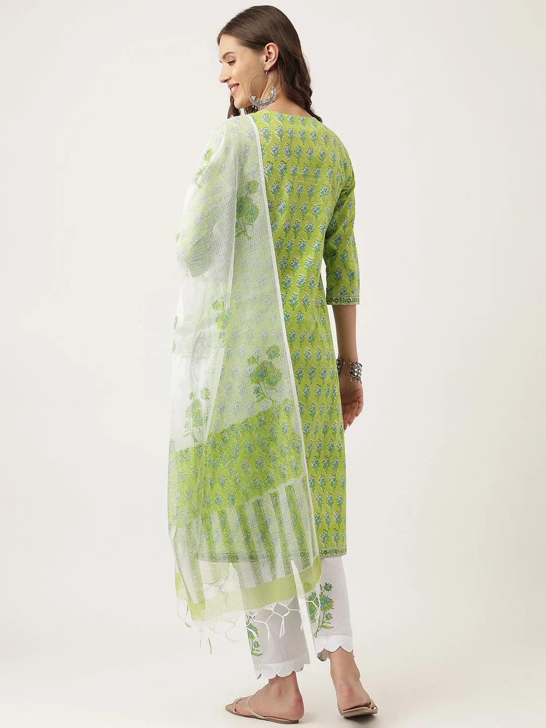 Jashvi Green Handblock Floral Printed Kurta Trouser & Kota Doria Dupatta Set