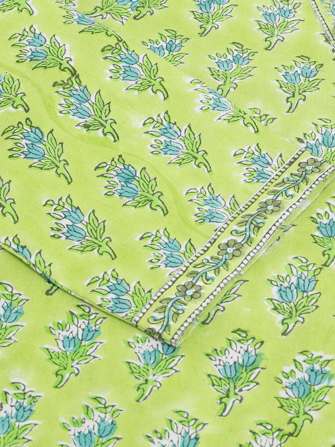 Jashvi Green Handblock Floral Printed Kurta Trouser & Kota Doria Dupatta Set