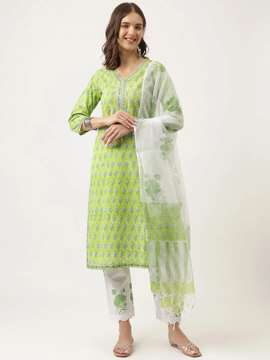 Jashvi Green Handblock Floral Printed Kurta Trouser & Kota Doria Dupatta Set