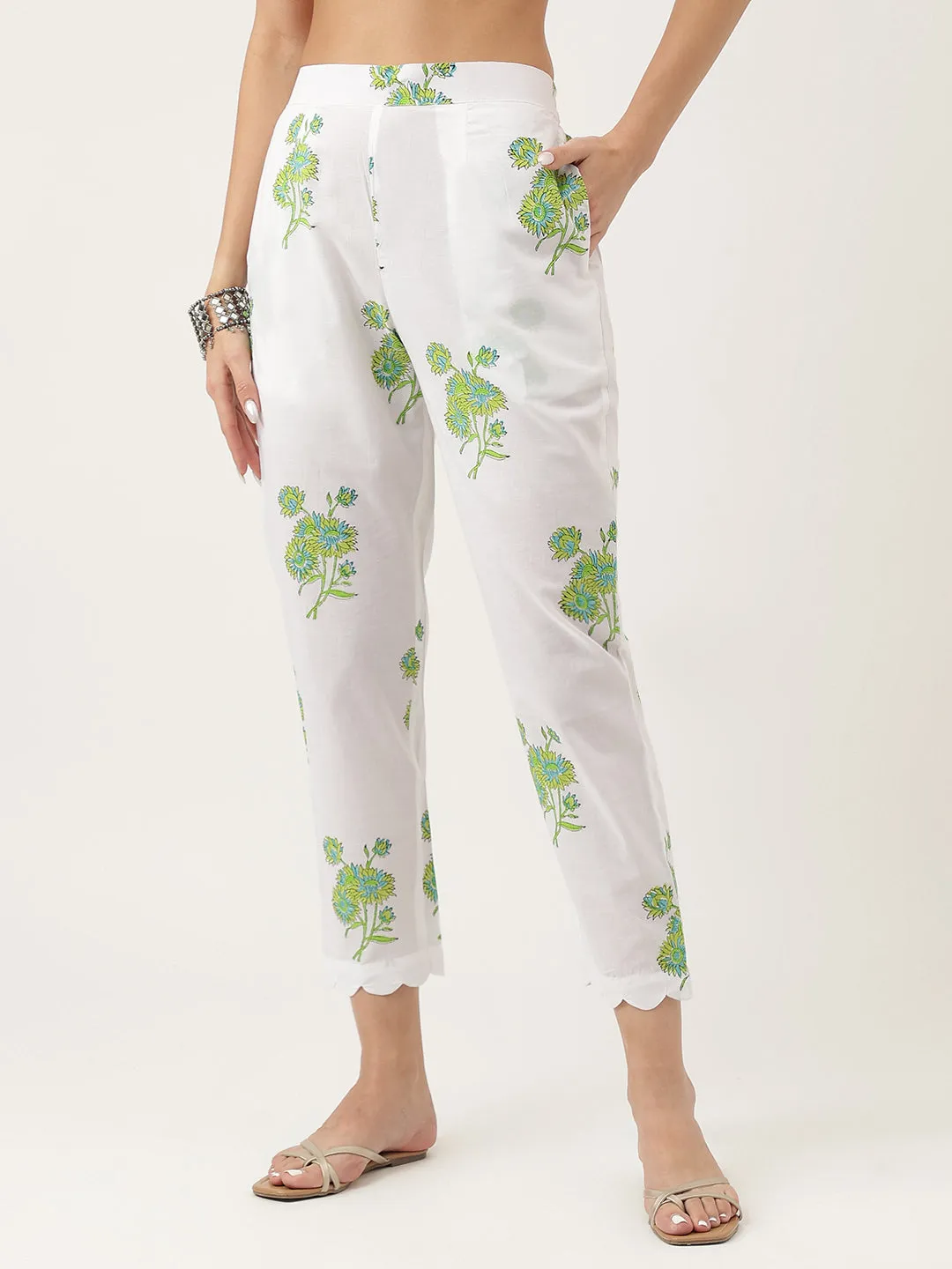 Jashvi Green Handblock Floral Printed Kurta Trouser & Kota Doria Dupatta Set
