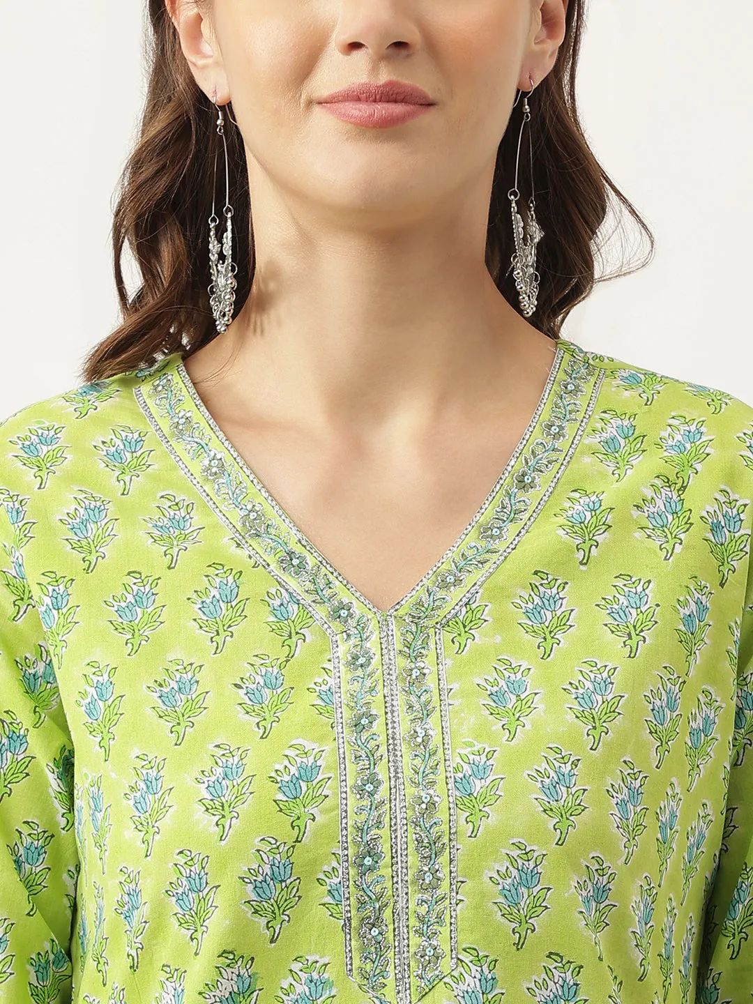 Jashvi Green Handblock Floral Printed Kurta Trouser & Kota Doria Dupatta Set