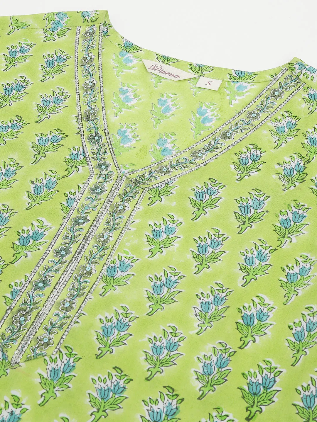 Jashvi Green Handblock Floral Printed Kurta Trouser & Kota Doria Dupatta Set