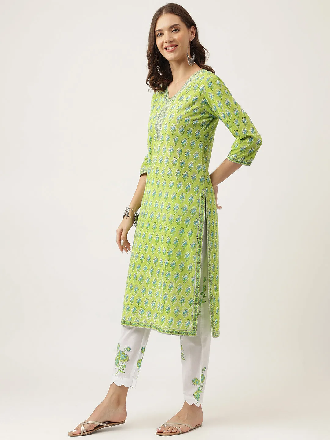 Jashvi Green Handblock Floral Printed Kurta Trouser & Kota Doria Dupatta Set