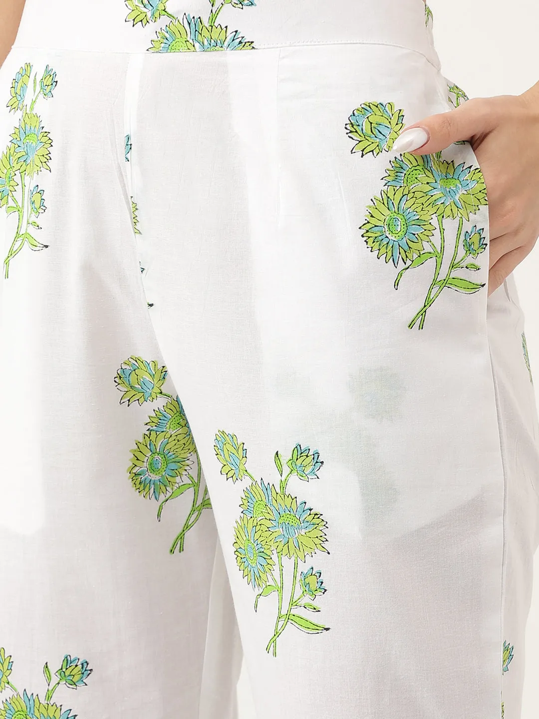 Jashvi Green Handblock Floral Printed Kurta Trouser & Kota Doria Dupatta Set