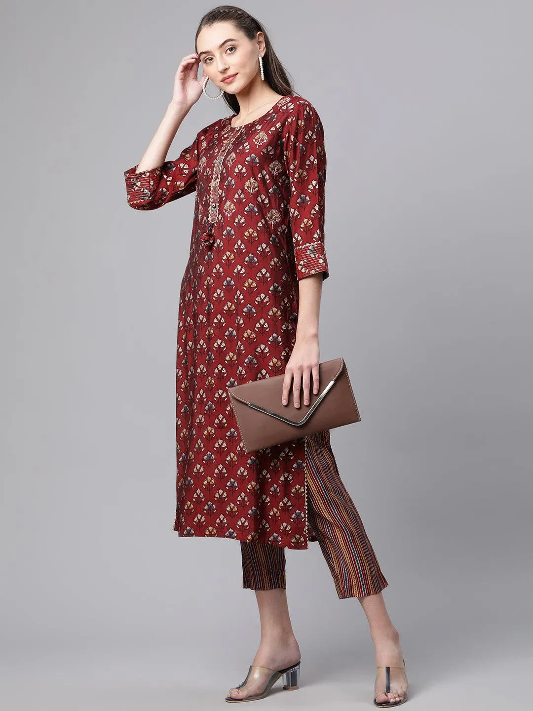 Jashvi Maroon Chanderi Kurta pant set