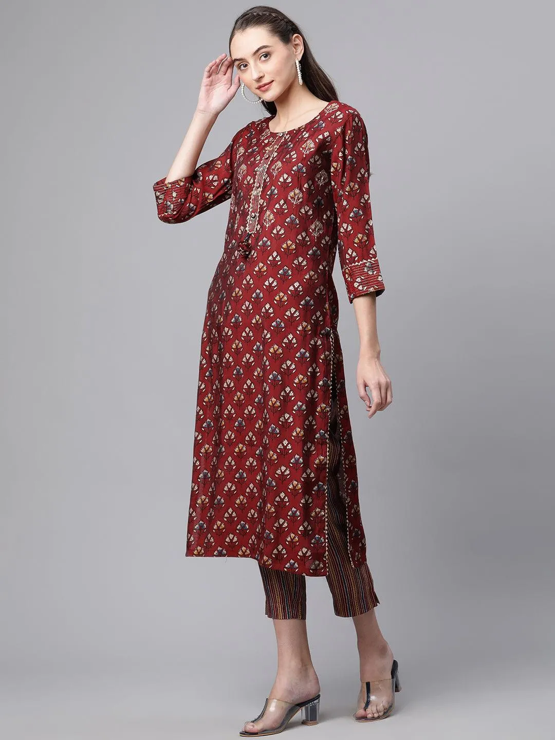 Jashvi Maroon Chanderi Kurta pant set