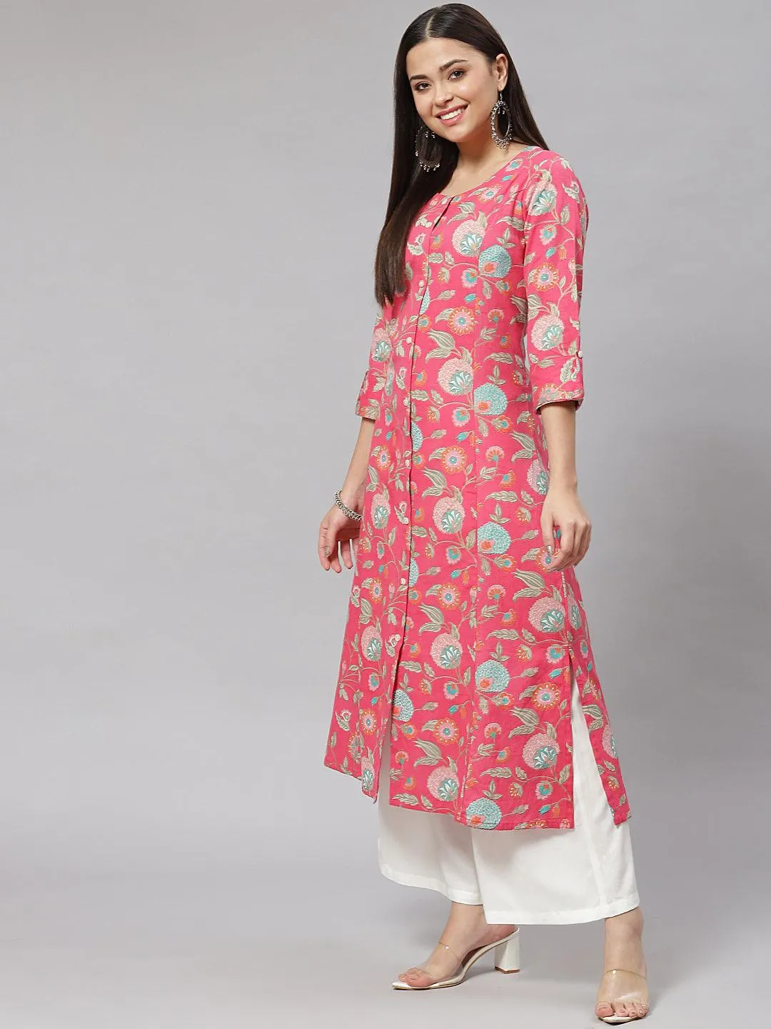Jashvi Pink Floral Cotton Flex A-line Kurta