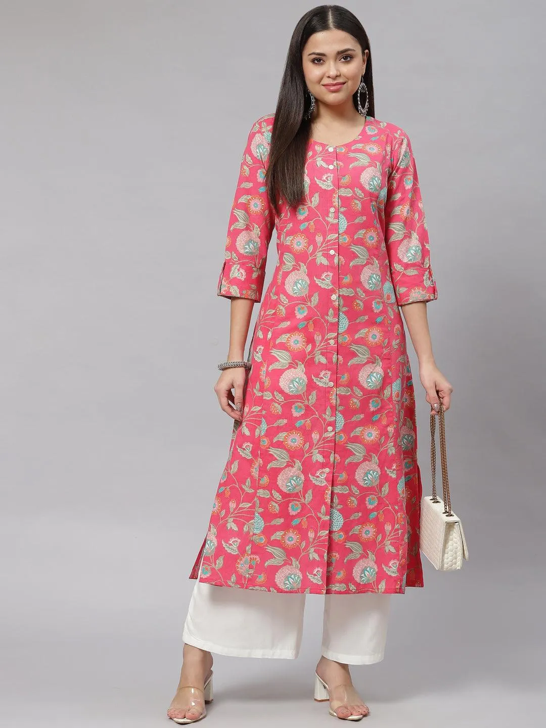 Jashvi Pink Floral Cotton Flex A-line Kurta