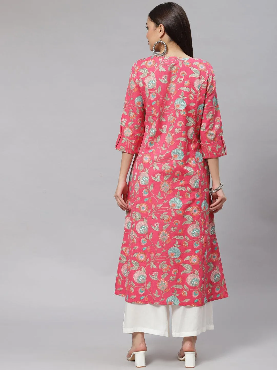 Jashvi Pink Floral Cotton Flex A-line Kurta