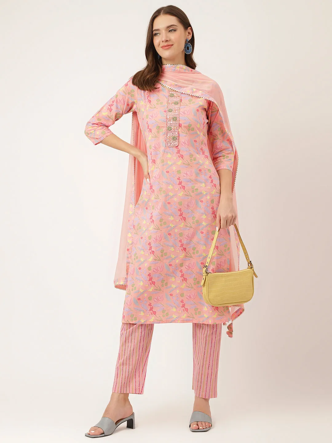 Jashvi Pink Floral Print Cotton  Kurta, Trouser With Dupatta