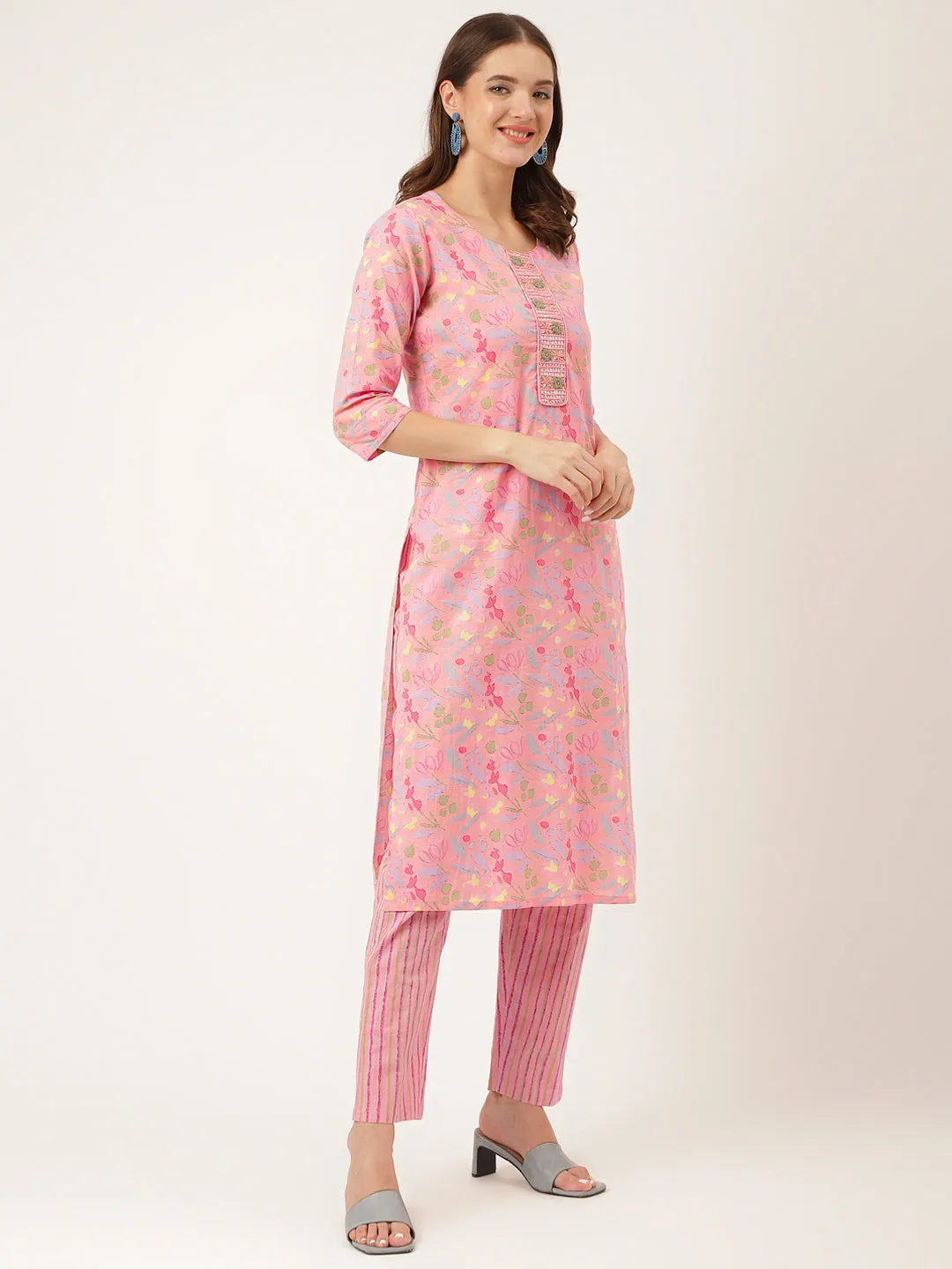 Jashvi Pink Floral Print Cotton  Kurta, Trouser With Dupatta