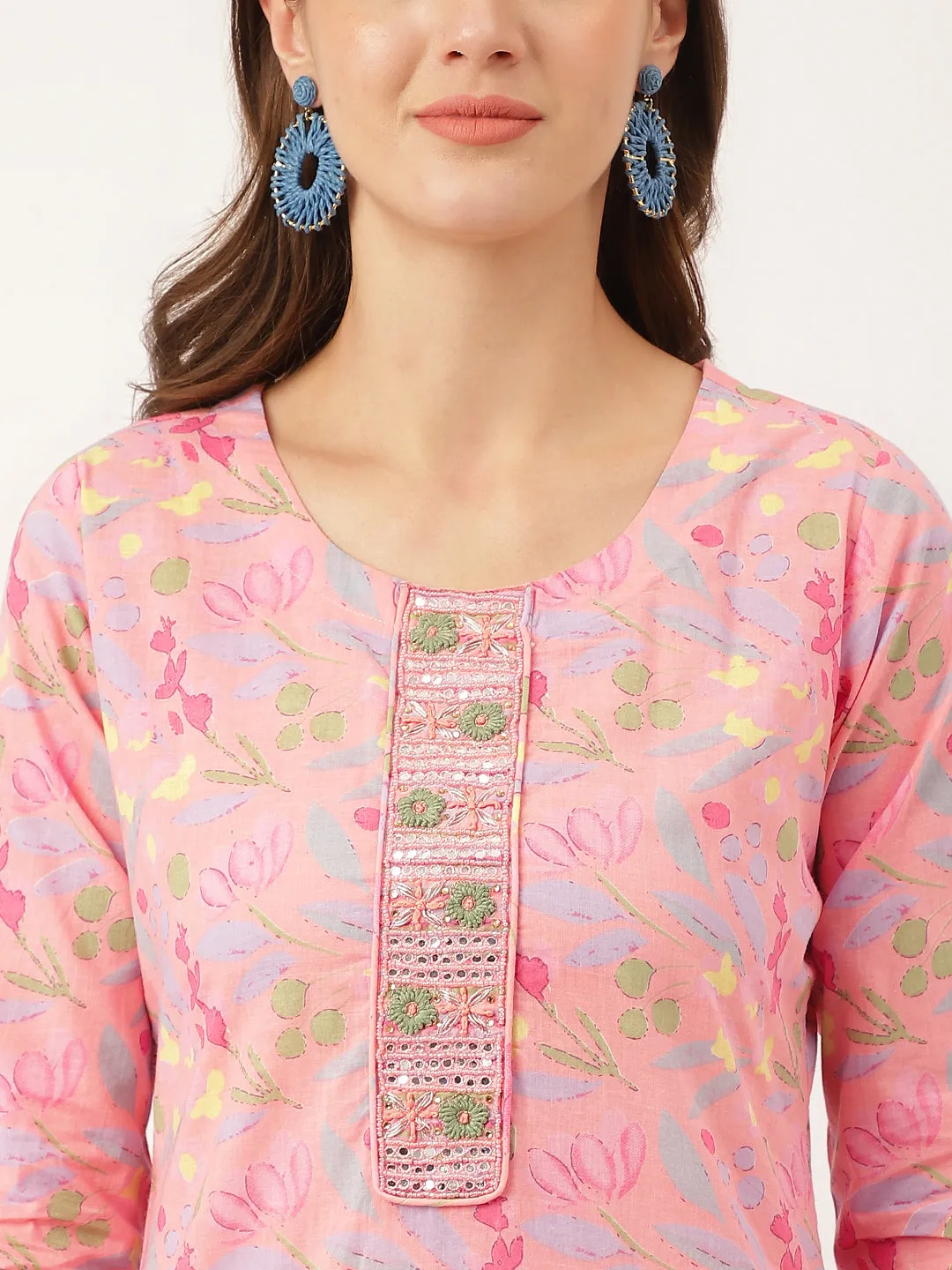 Jashvi Pink Floral Print Cotton  Kurta, Trouser With Dupatta