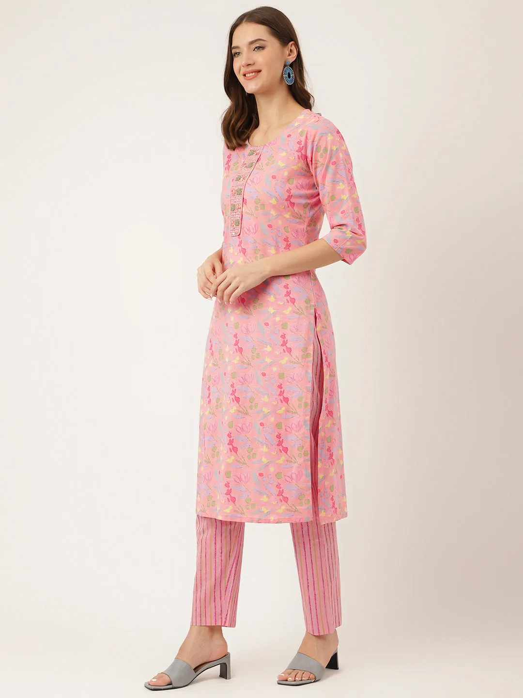 Jashvi Pink Floral Print Cotton  Kurta, Trouser With Dupatta