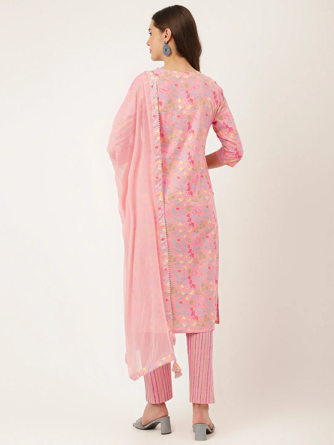 Jashvi Pink Floral Print Cotton  Kurta, Trouser With Dupatta